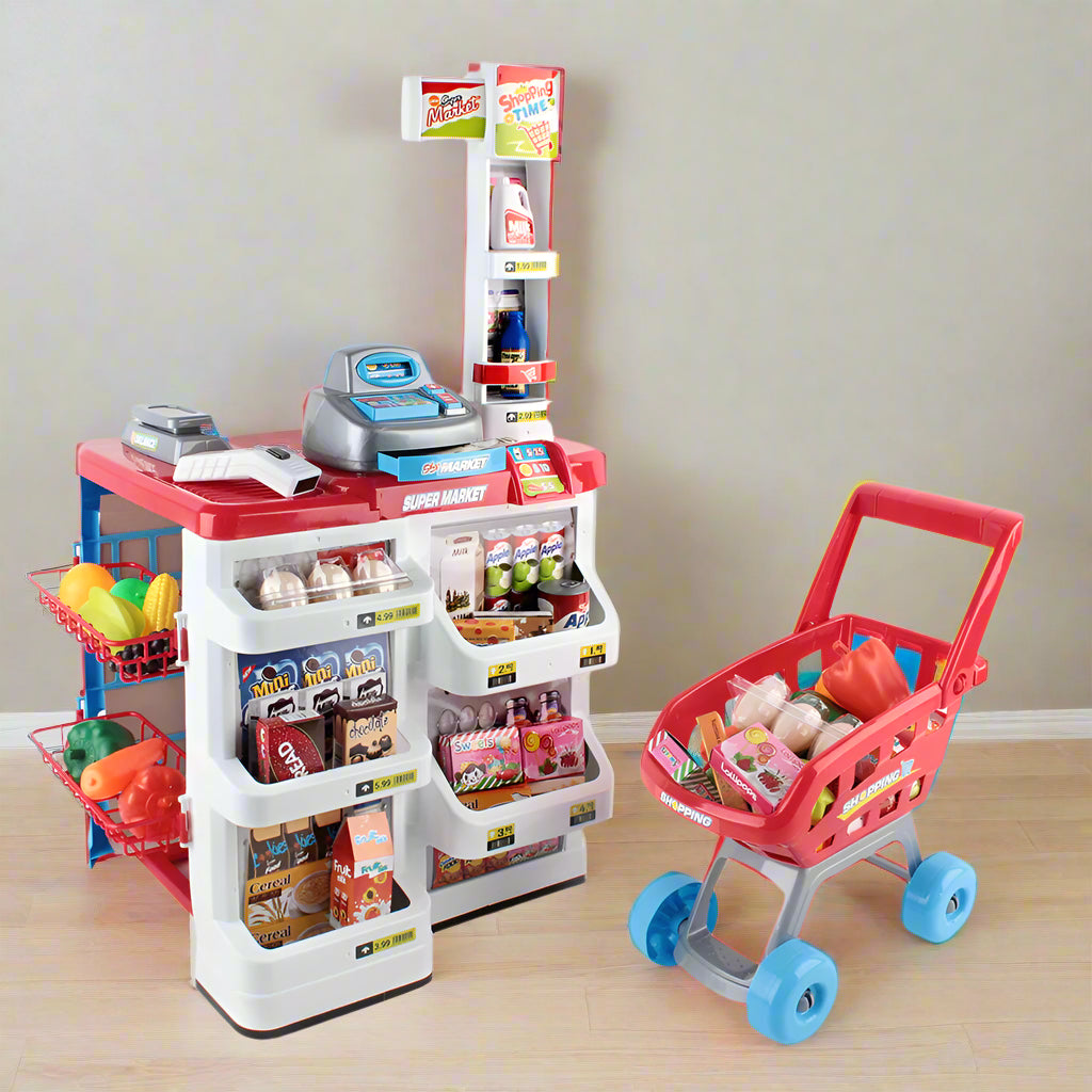 Keezi Kids Pretend Role Play Supermarket 24 Piece Playset Cash Register Trolley