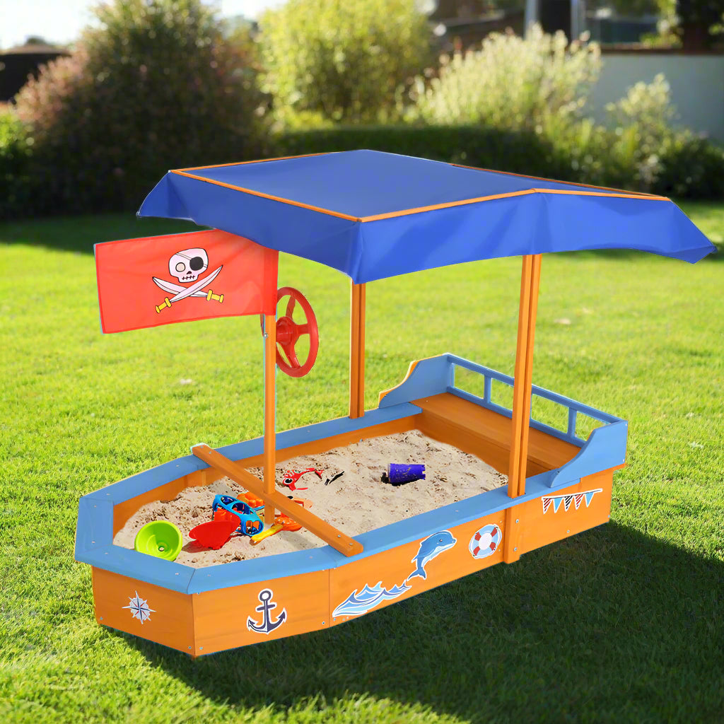 Keezi Kids Sandpit Wooden Boat Sand Pit with Canopy Bench Seat Beach Toys 150cm
