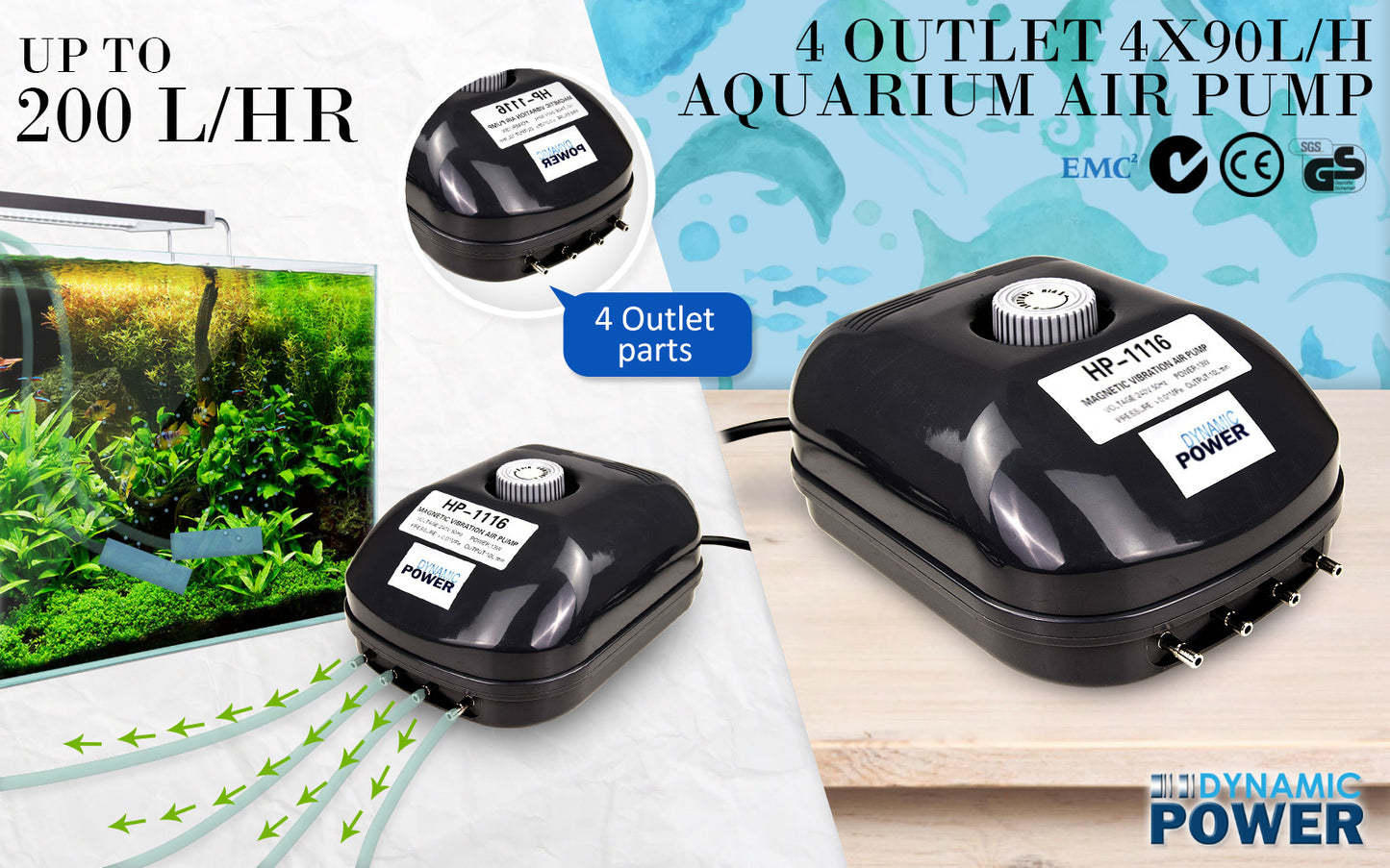 Aquarium/Pond Air Pump Oxygen Hydroponic 4 Outlet 360L/H 13W