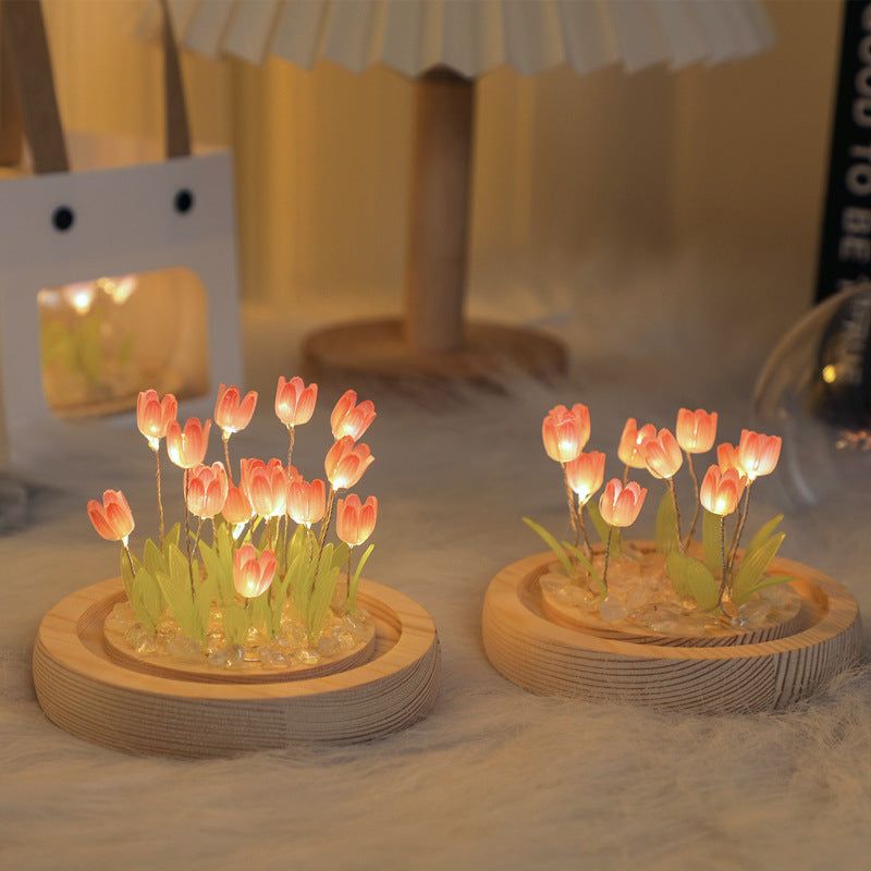 Glowing Tulip Dome Lamp/Night Light - Wooden Base, Bedside Table Decoration