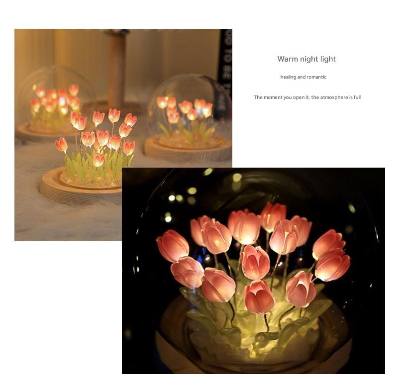 Glowing Tulip Dome Lamp/Night Light - Wooden Base, Bedside Table Decoration