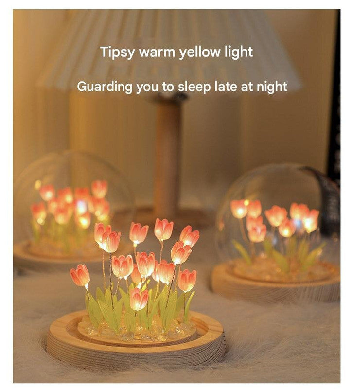 Glowing Tulip Dome Lamp/Night Light - Wooden Base, Bedside Table Decoration