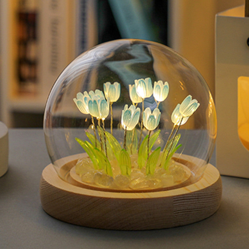Glowing Tulip Dome Lamp/Night Light - Wooden Base, Bedside Table Decoration