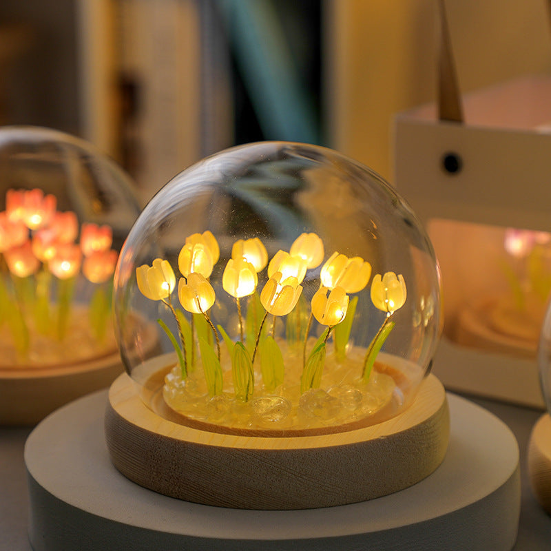 Glowing Tulip Dome Lamp/Night Light - Wooden Base, Bedside Table Decoration