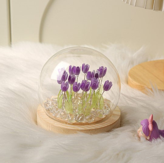 Glowing Tulip Dome Lamp/Night Light - Wooden Base, Bedside Table Decoration