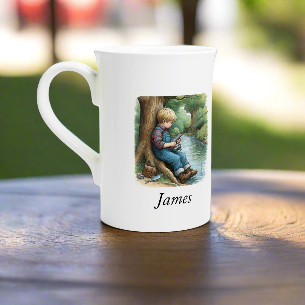 Personalised Fishing Mug for Boys – Custom Name Porcelain 10oz Cup