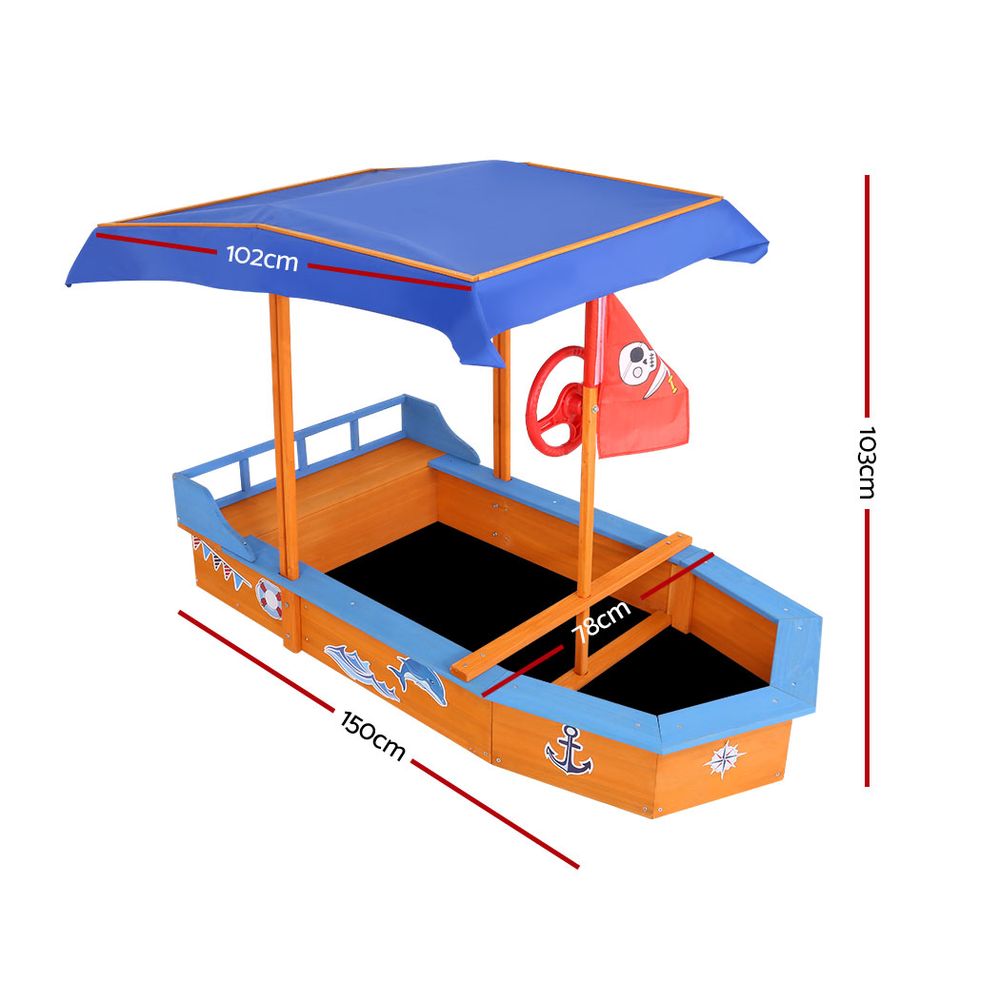 Wooden Boat Sand Pit with Canopy Bench Seat Beach Toys 150cm
