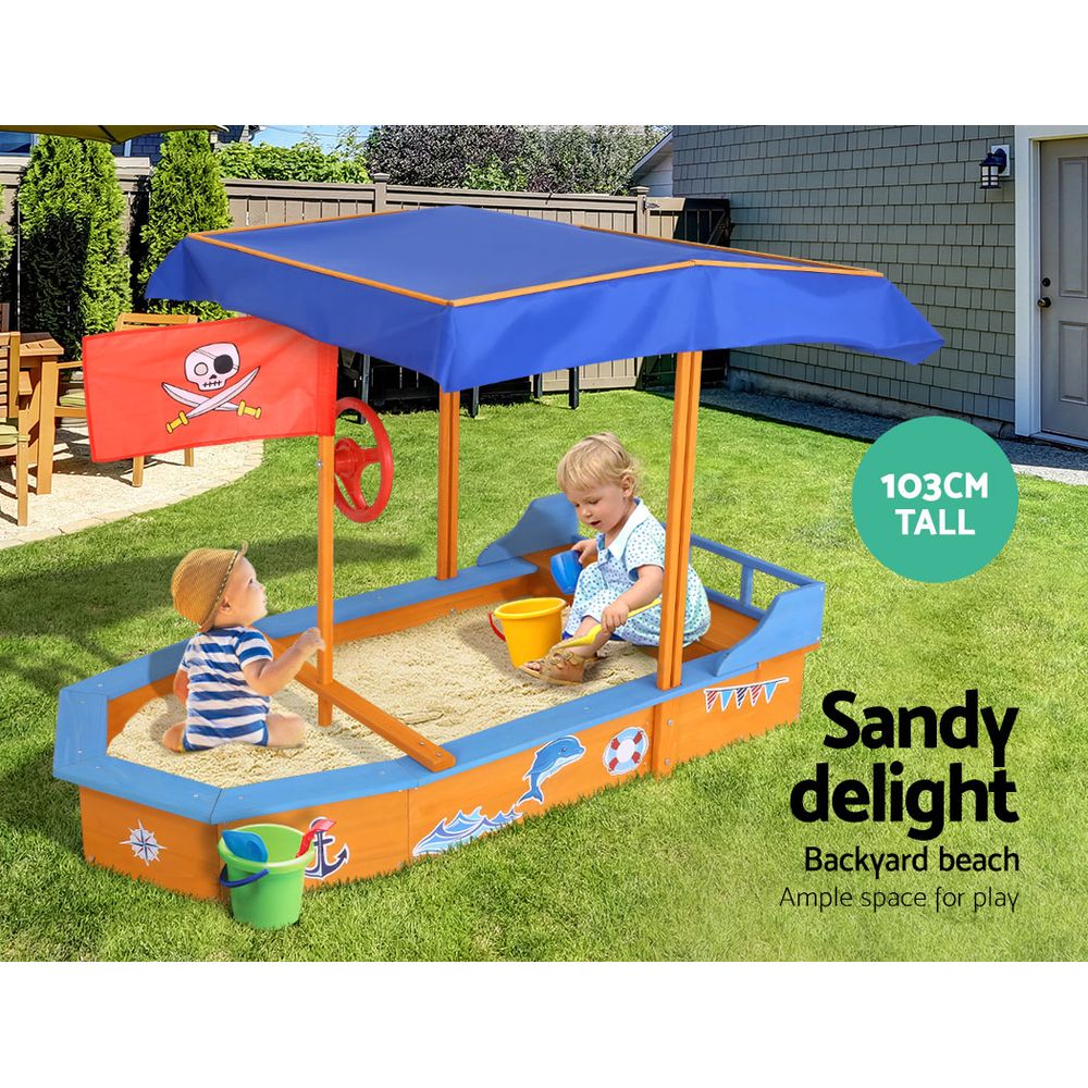 Wooden Boat Sand Pit with Canopy Bench Seat Beach Toys 150cm
