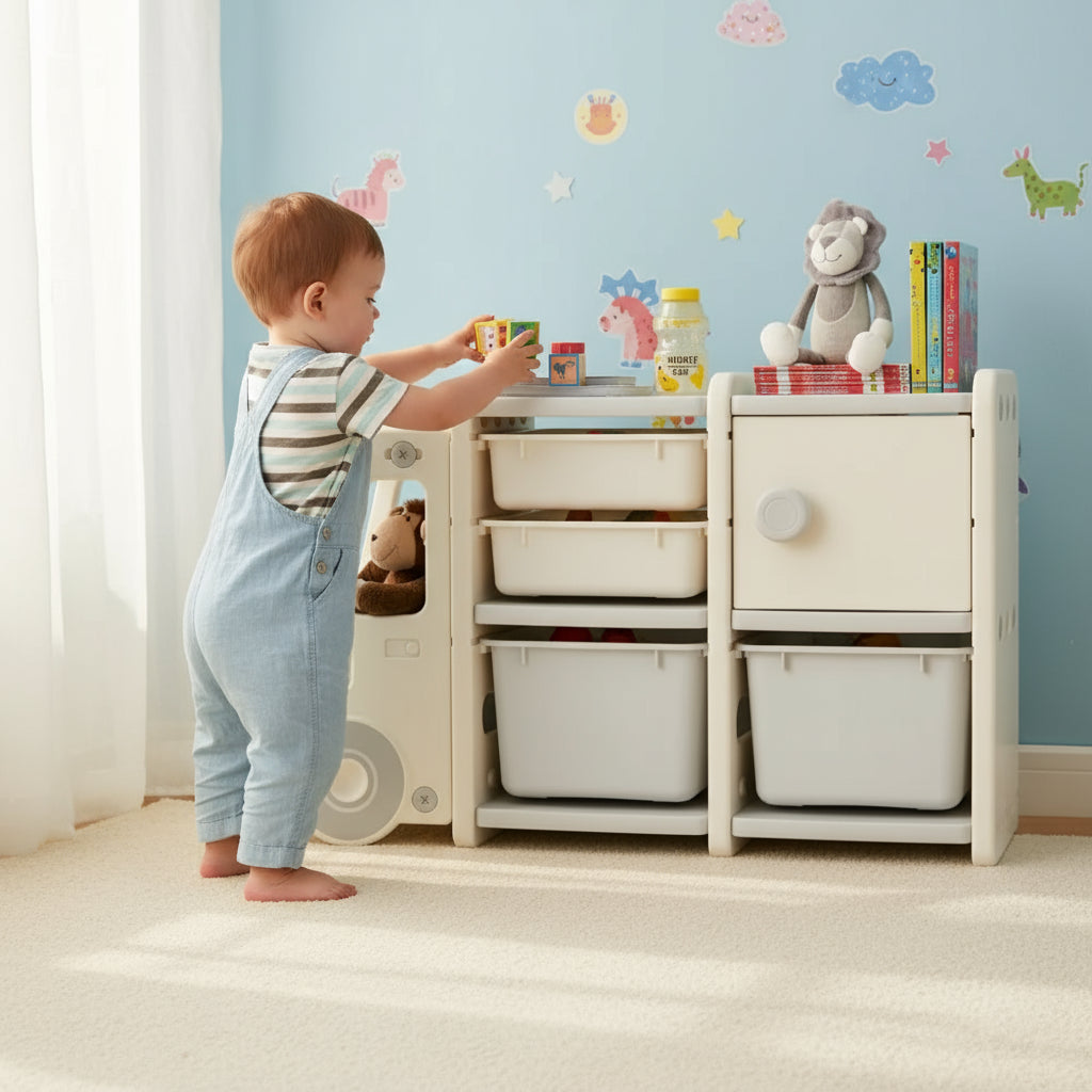 Truck Shaped Toddler Storage Cabinet With Bins And Drawers