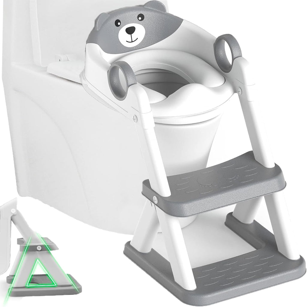 Potty Training Seat Ladder, Kids Boys Girls, Cute Bear Design, Grey