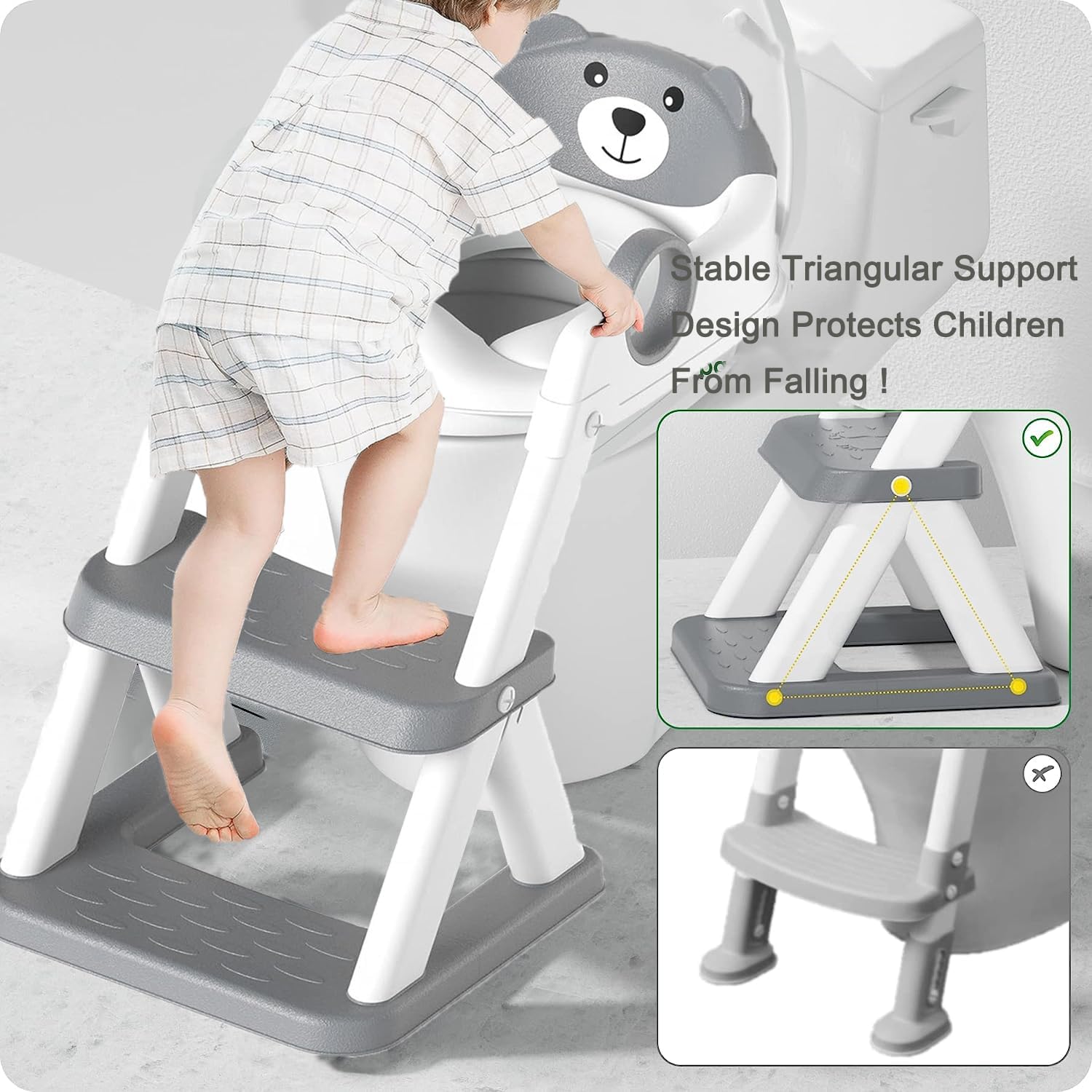 Potty Training Seat Ladder, Kids Boys Girls, Cute Bear Design, Grey