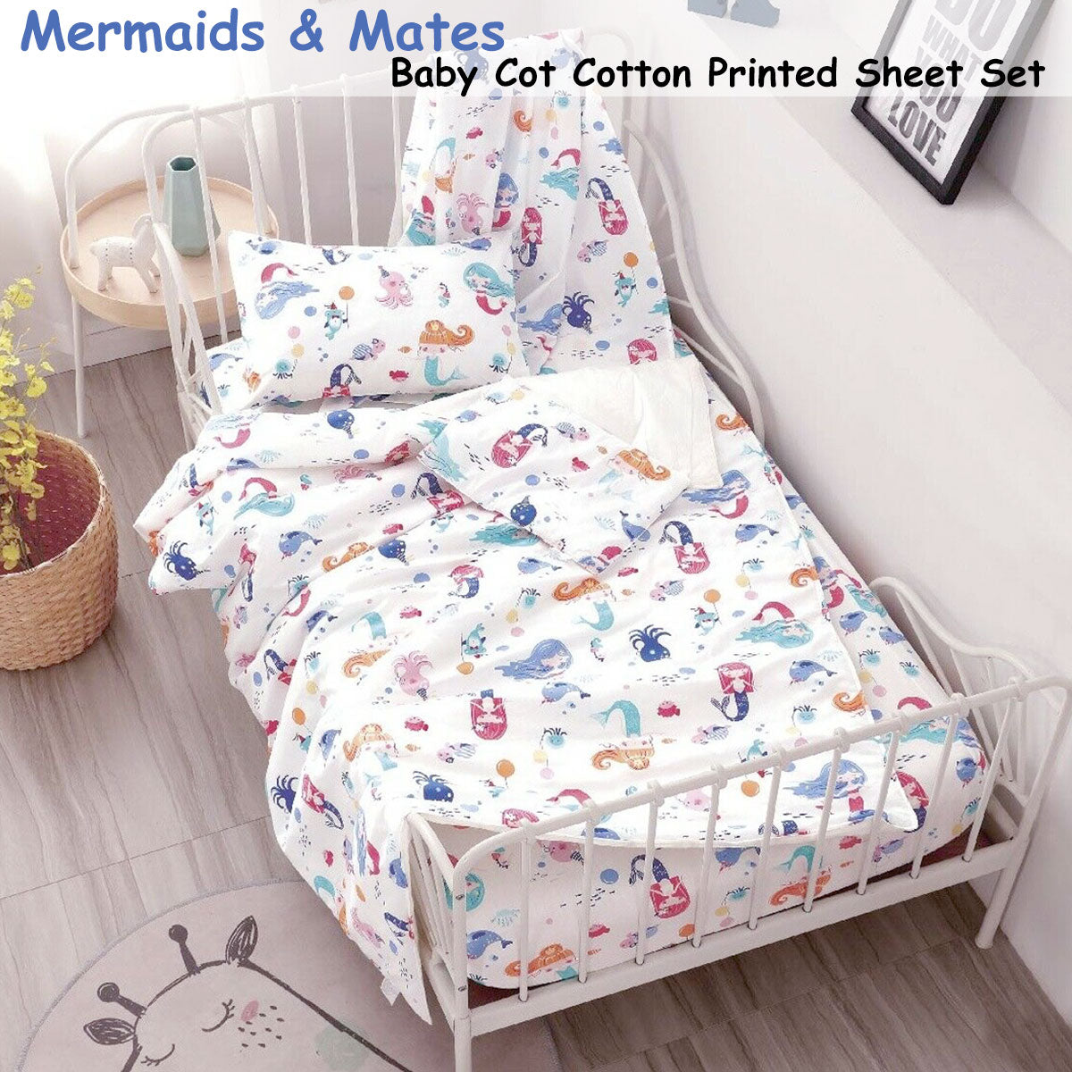 Mermaids & Mates Baby 100% Cotton Printed 3 Piece Cot Sheet Set
