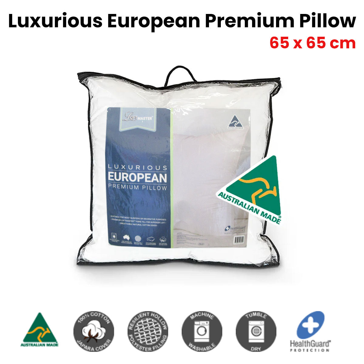 LoftMaster Premium European Pillow with Luxurious Cotton Cover 65 x 65 cm