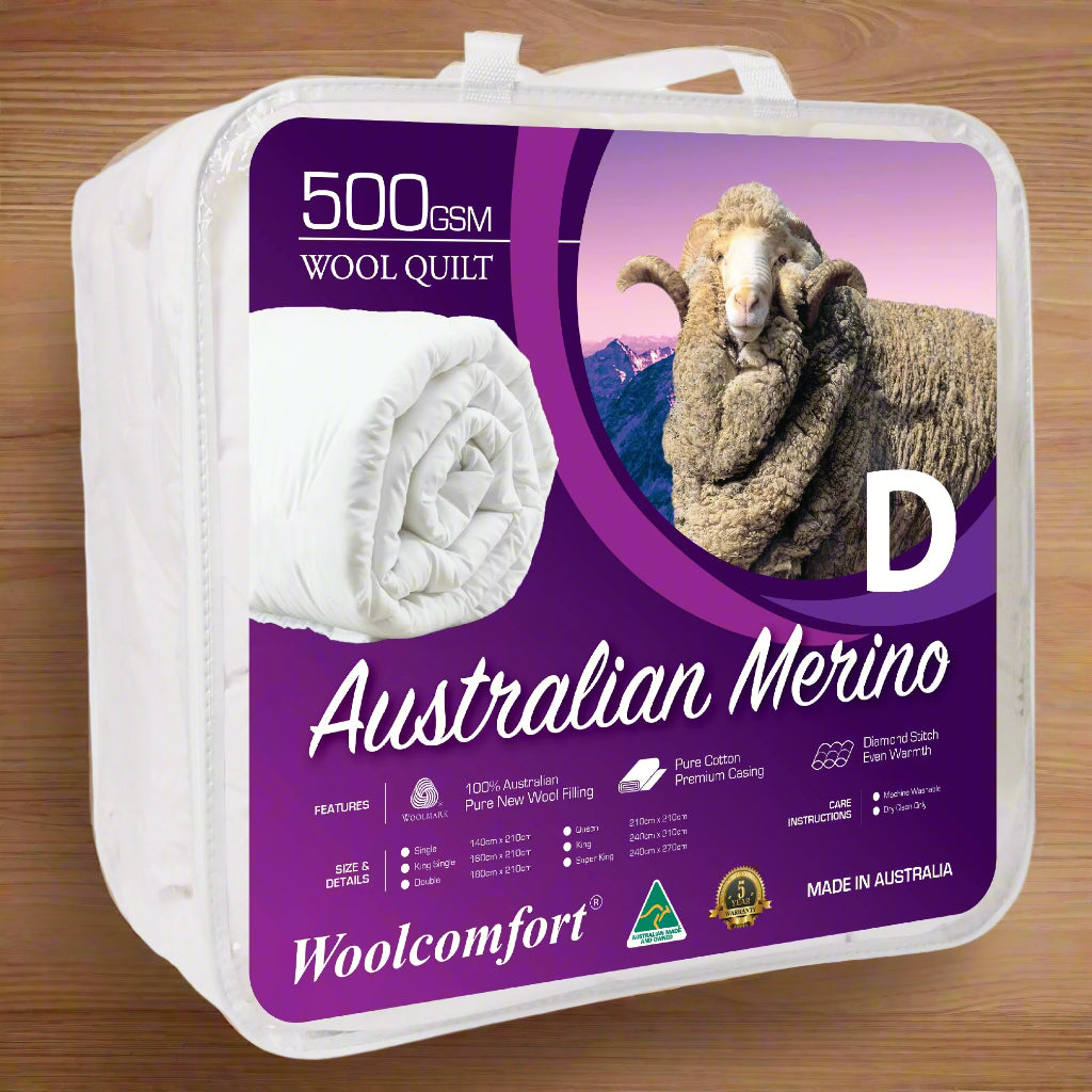 Woolcomfort Aus Made Merino Wool Quilt 500GSM 140x210cm S/D/Q/K