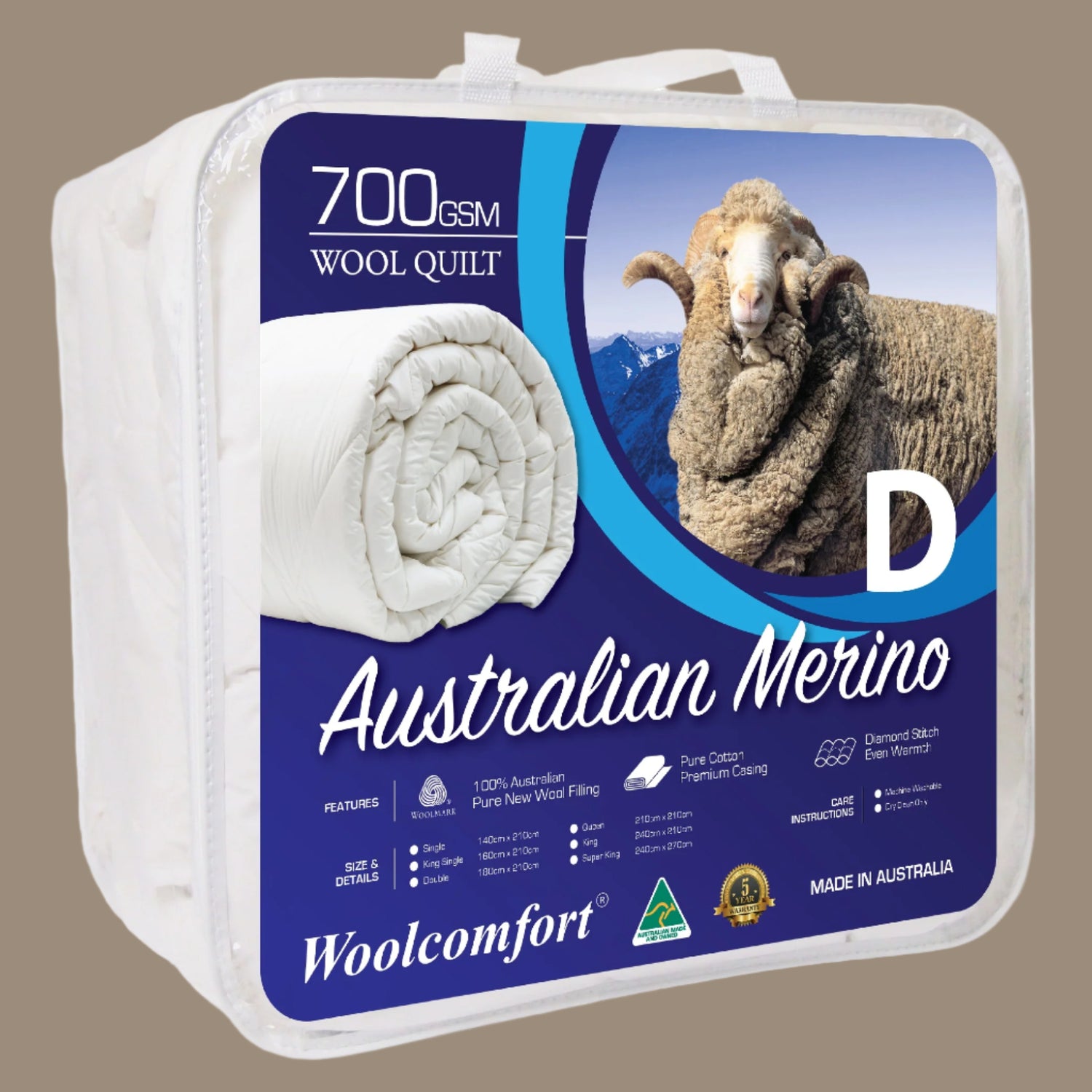Woolcomfort Aus Made Merino Wool Quilt 700GSM Sizes: S/D/Q/K