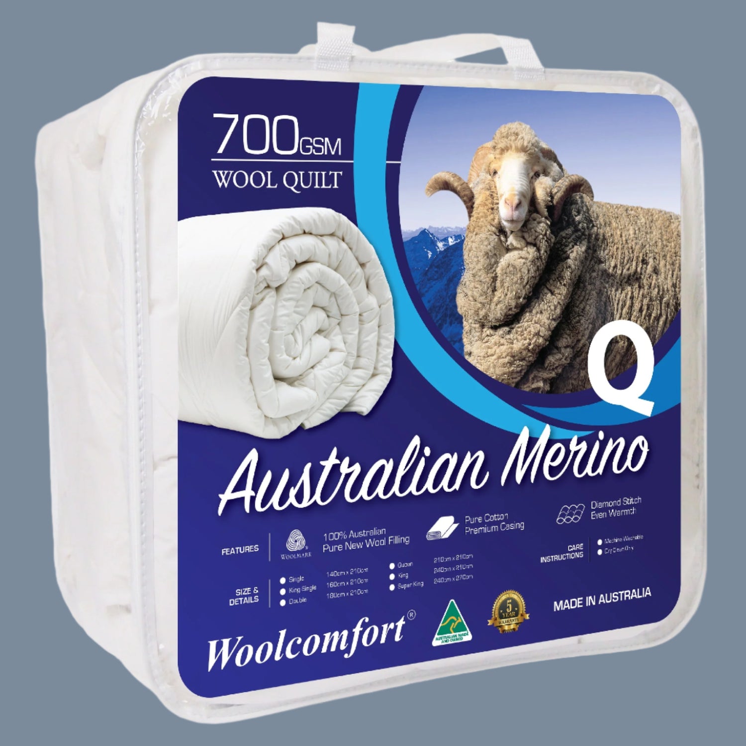 Woolcomfort Aus Made Merino Wool Quilt 700GSM Sizes: S/D/Q/K