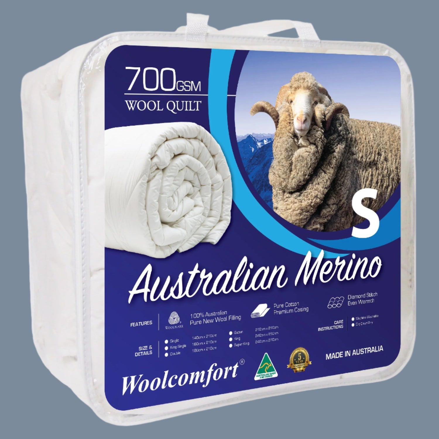 Woolcomfort Aus Made Merino Wool Quilt 700GSM Sizes: S/D/Q/K