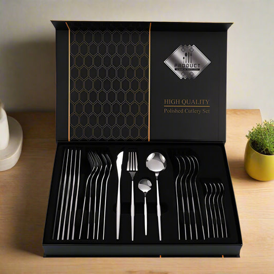 Premium 24-Piece Stainless Steel Cutlery Set – Elegant Knife, Fork, and Spoon Set in Luxury Gift Box in Silver or Rose Gold