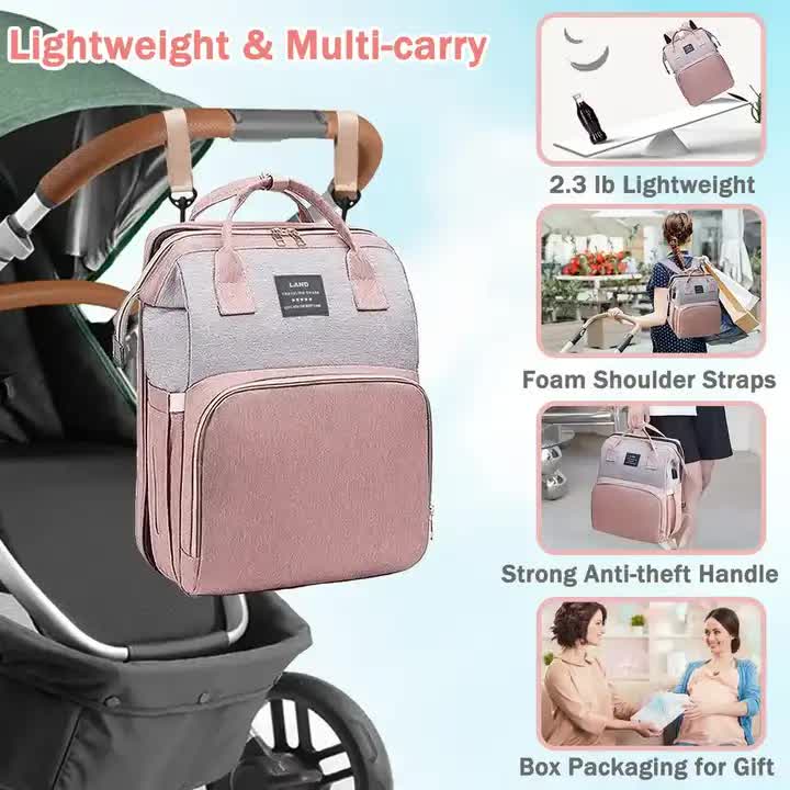Pink Portable Mummy Bag with Baby Crib – Multi-Function Baby Nappy Backpack, Lightweight and Large Capacity for Mums