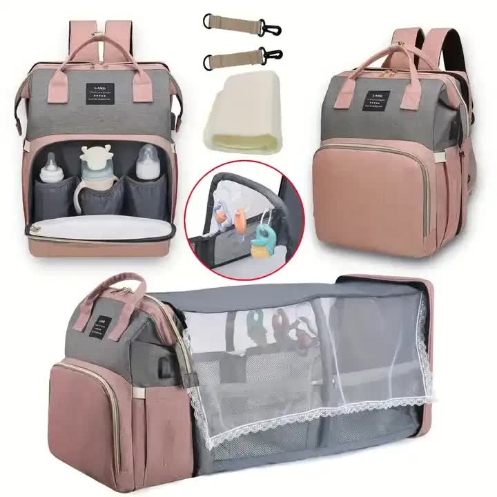 Pink Portable Mummy Bag with Baby Crib – Multi-Function Baby Nappy Backpack, Lightweight and Large Capacity for Mums