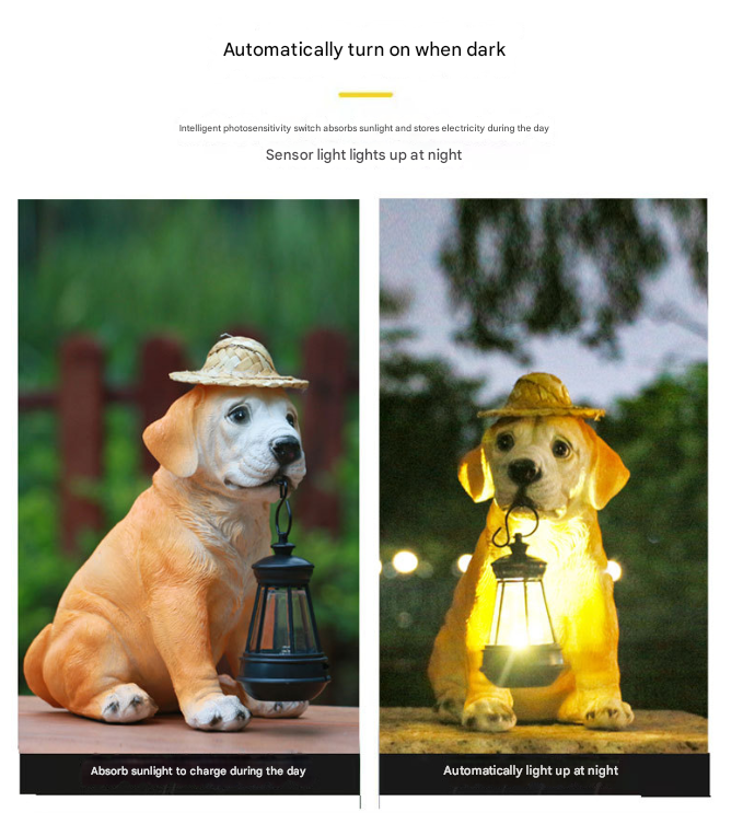 Solar-Powered Dog Statue with LED Lantern - Waterproof Outdoor Garden Light