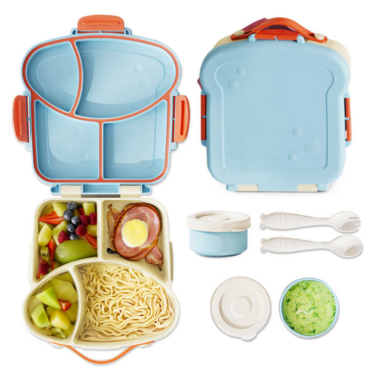Kids Bento Lunch Box with Dividers, Fork & Spoon - Purple or Blue