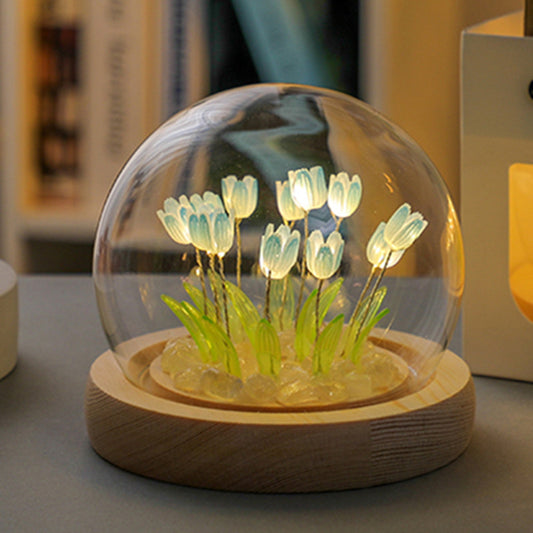 Glowing Tulip Dome Lamp/Night Light - Wooden Base, Bedside Table Decoration