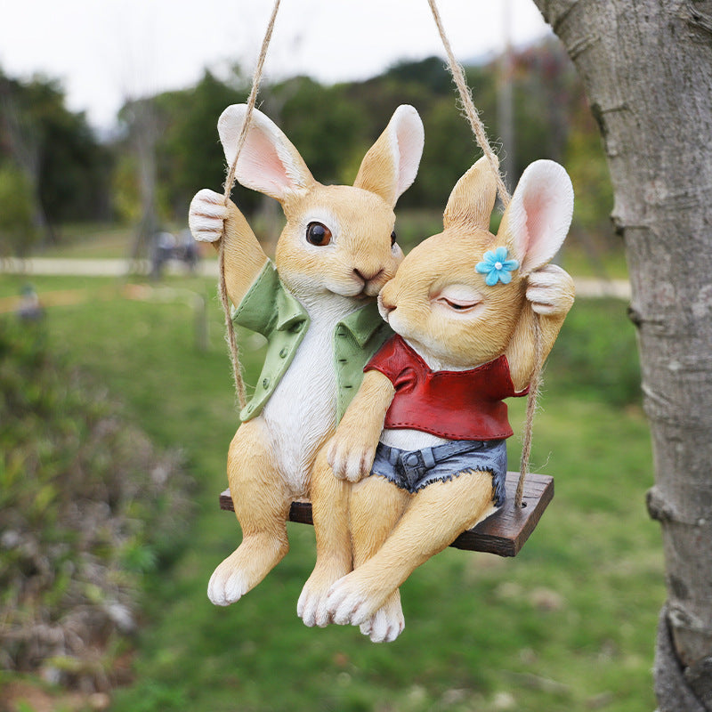 Adorable Rabbit Couple Swing Garden Ornament - Charming Resin Decor