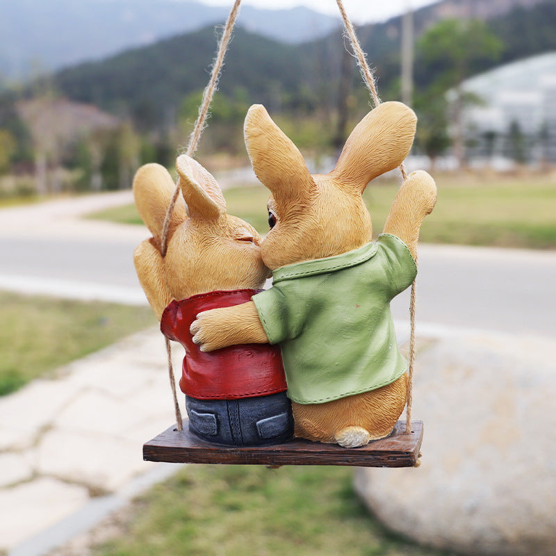 Adorable Rabbit Couple Swing Garden Ornament - Charming Resin Decor