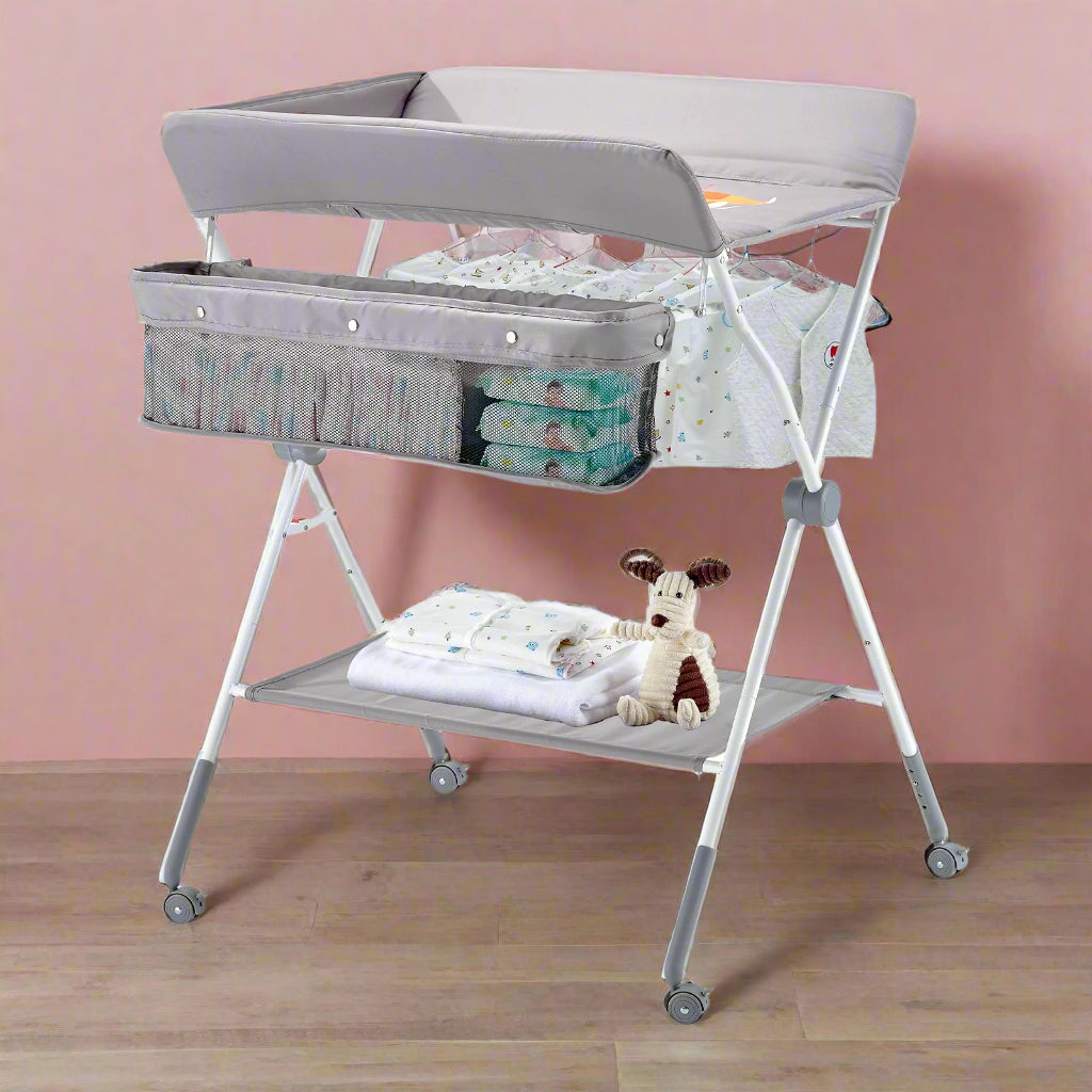 Foldable Baby Changing Nappy Station with Side Basket & Wheels