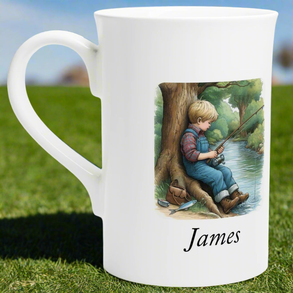 Personalised Fishing Mug for Boys – Custom Name Porcelain 10oz Cup